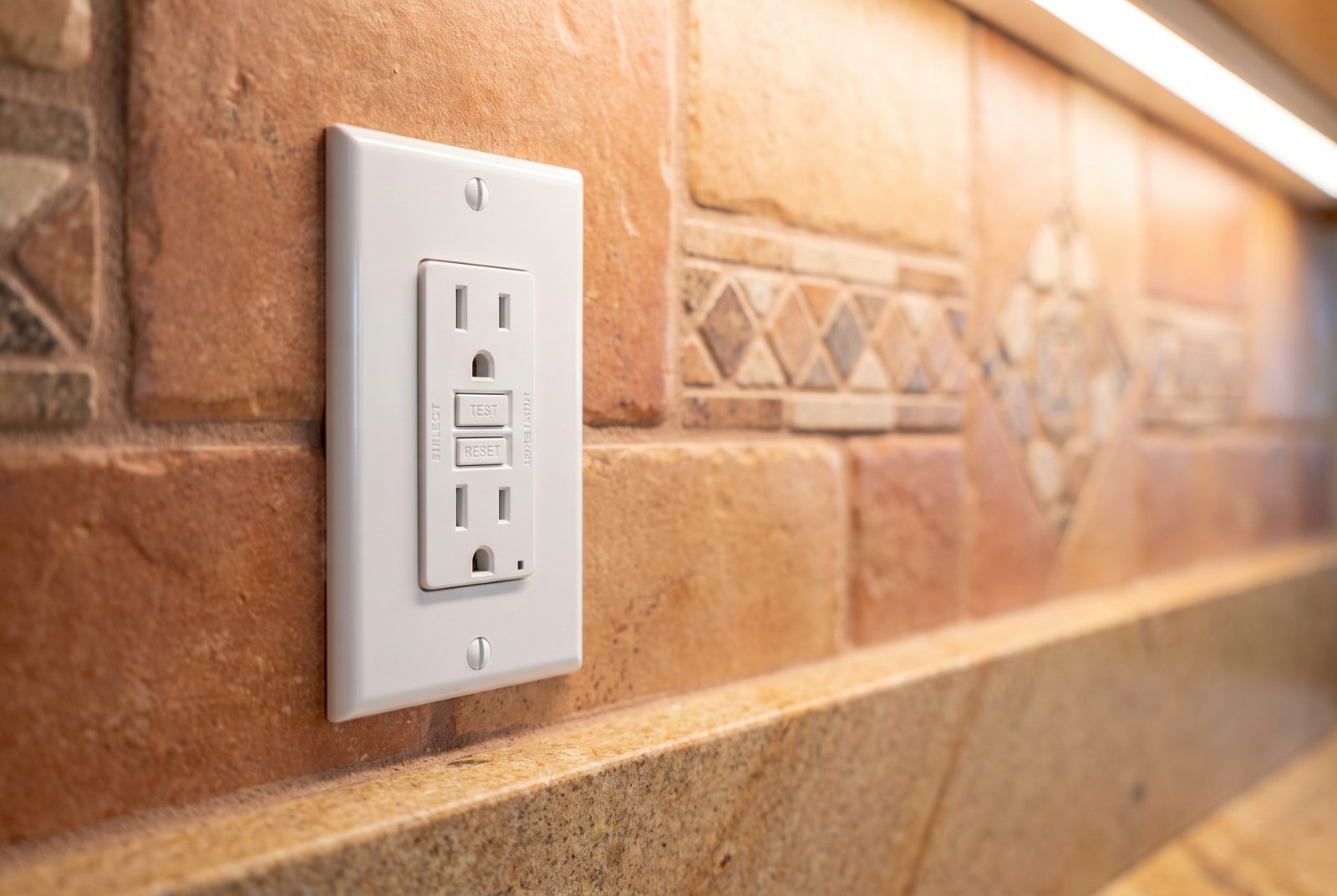 GFCI outlet installed on a tile backsplash in a Tucson kitchen