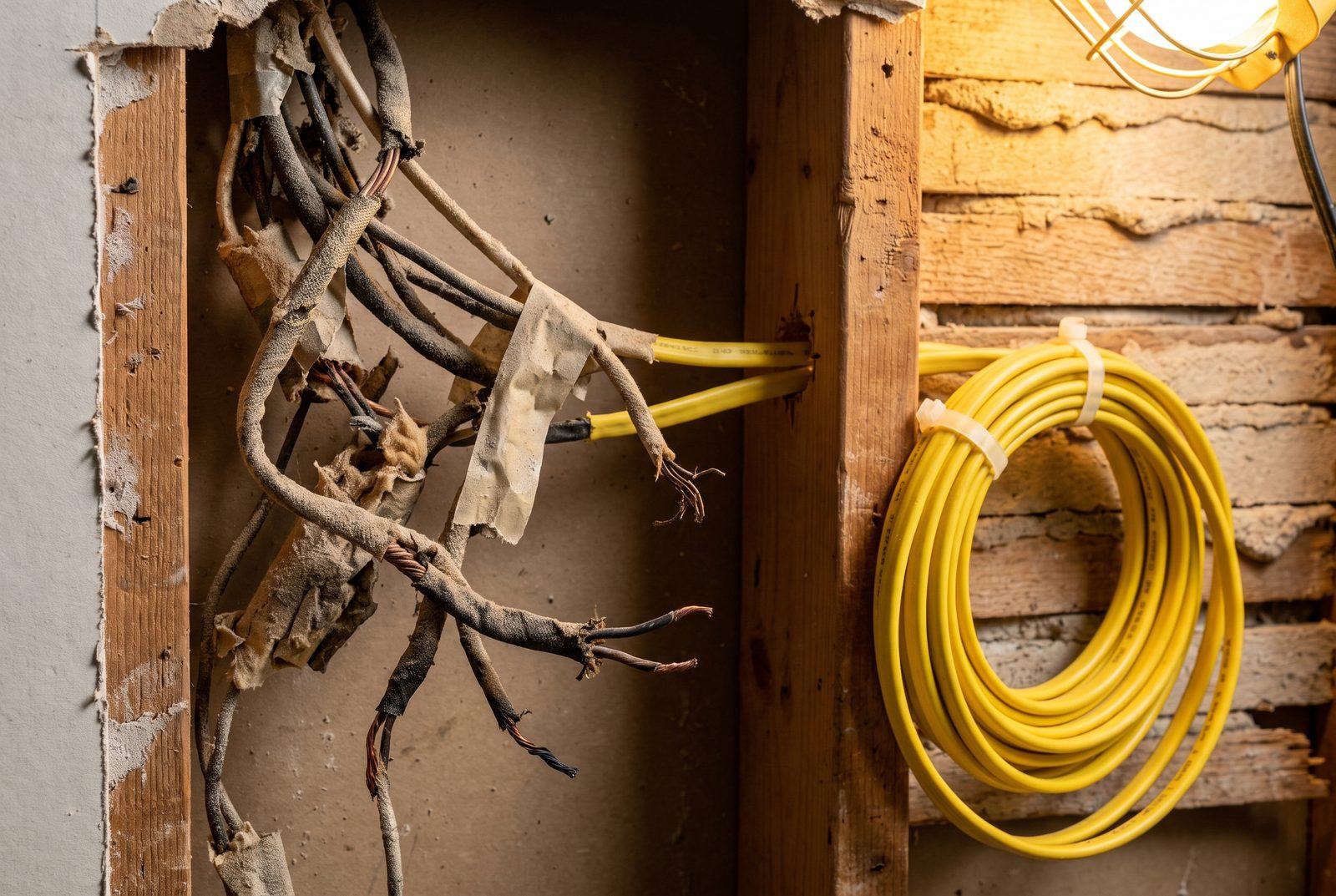 Old frayed wiring being replaced with new copper wiring in a Tucson home