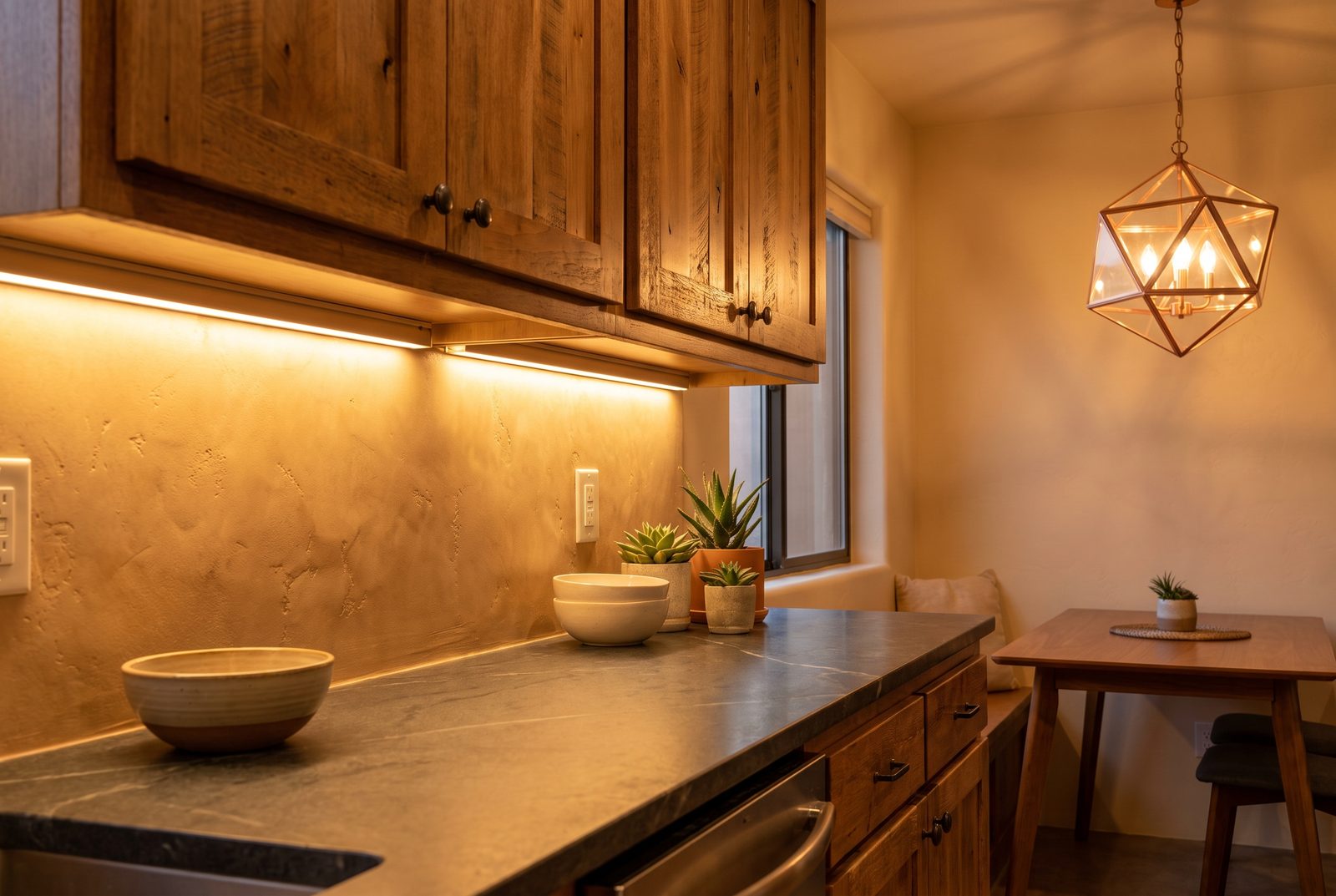 Under-cabinet LED lighting and pendant fixture in a Tucson kitchen