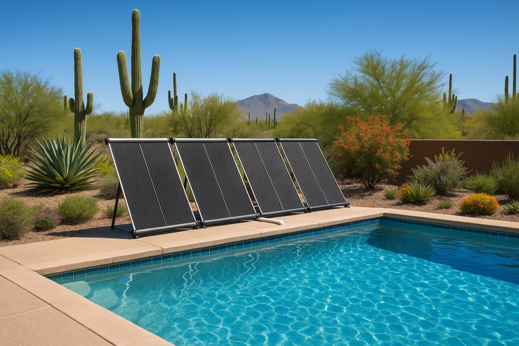 Solar pool heater panels beside a pool in Tucson