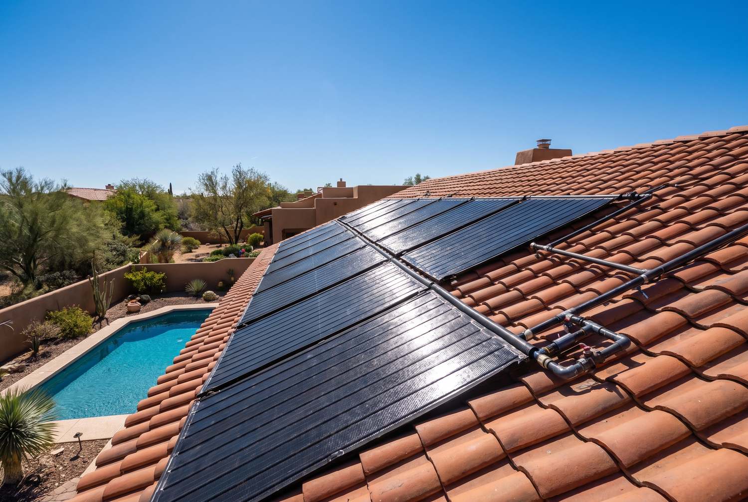 Solar pool heating collectors on a Tucson tile roof